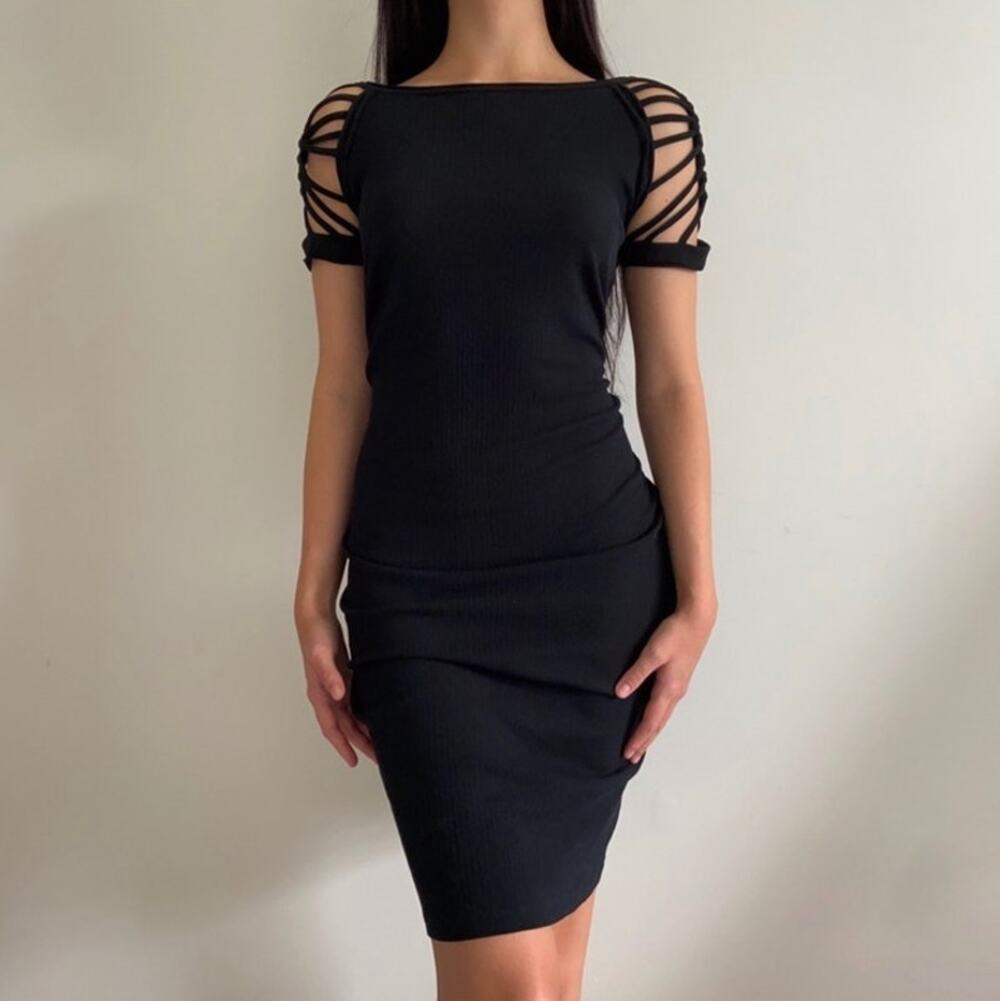 Vintage 90's Jean Paul Gaultier Black Cage Sleeve Bodycon Dress Size L